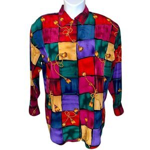 Full Button Vintage Blouse Size M Colorful Geometric Print Tassel Detail 80s 90s